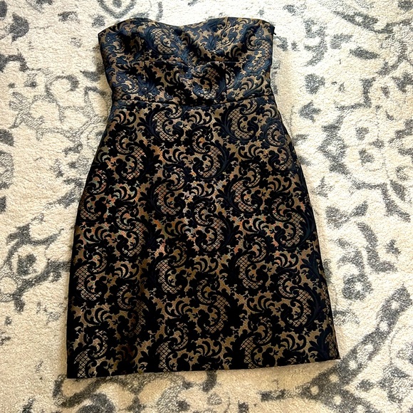 LOFT Dresses & Skirts - Loft size 2, sparkly beige and black (furry) lace patterned strapless dress
